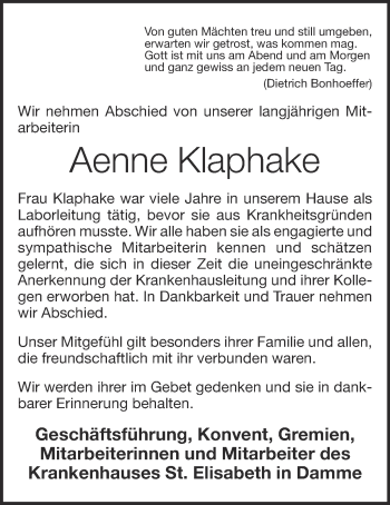Anzeige von Aenne Klaphake von OM-Medien