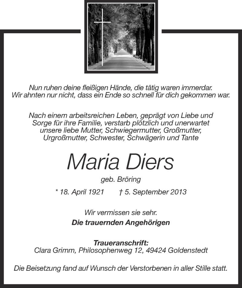  Traueranzeige für Maria Diers vom 23.09.2013 aus OM-Medien