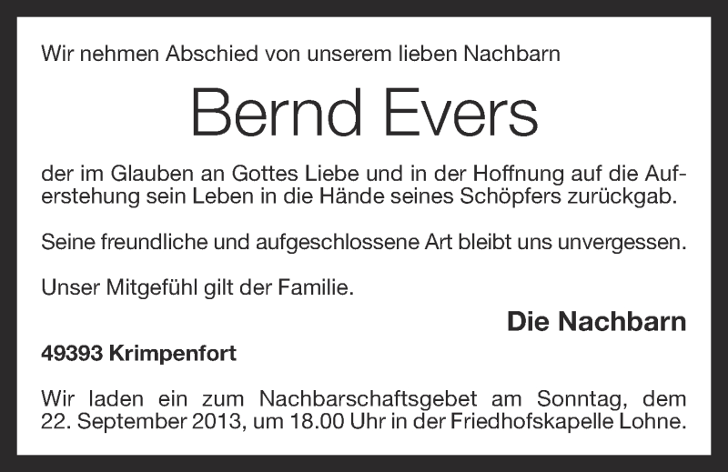  Traueranzeige für Bernd Evers vom 19.09.2013 aus OM-Medien