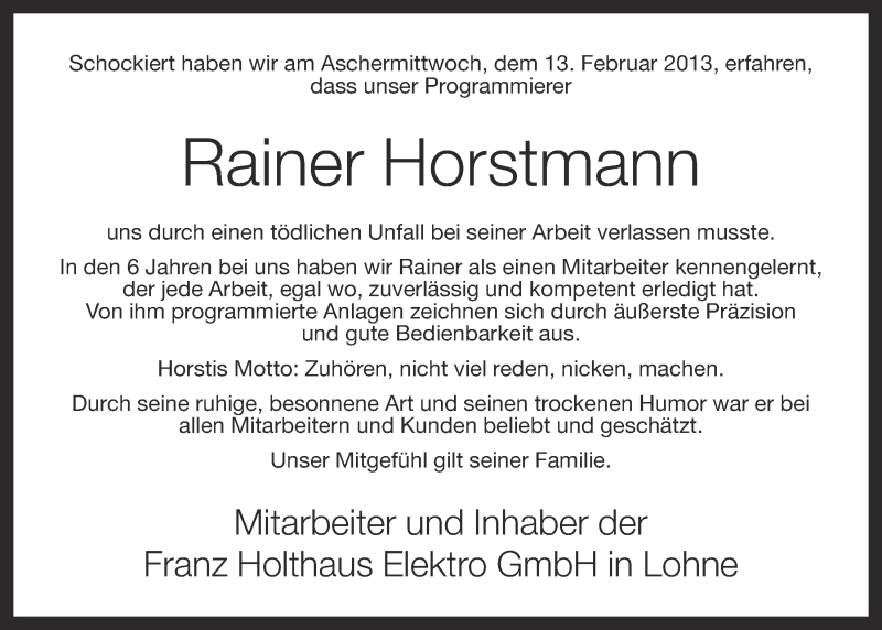  Traueranzeige für Rainer Horstmann vom 16.02.2013 aus OM-Medien