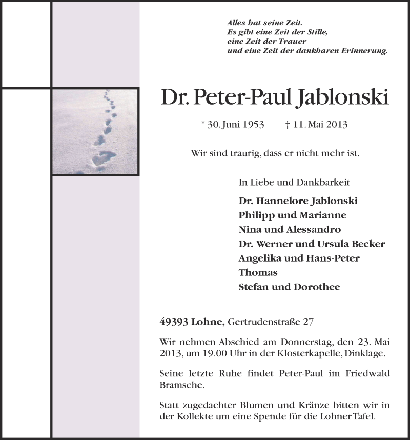 Traueranzeige für Peter-Paul Jablonski vom 16.05.2013 aus OM-Medien