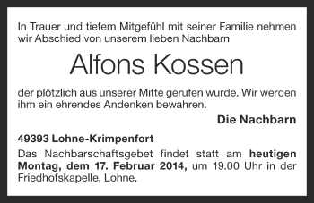 Anzeige von Alfons Kossen von OM-Medien