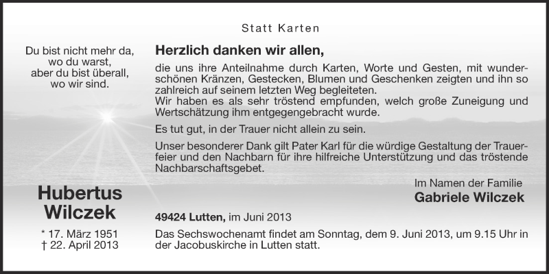  Traueranzeige für Hubertus Wilczek vom 24.04.2013 aus OM-Medien