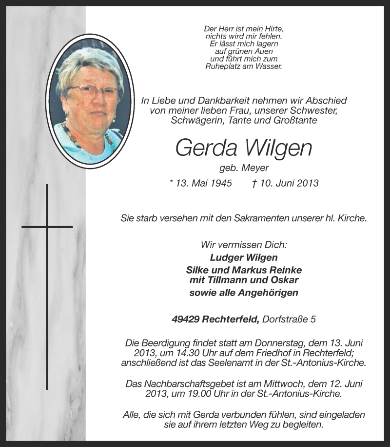  Traueranzeige für Gerda Wilgen vom 11.06.2013 aus OM-Medien
