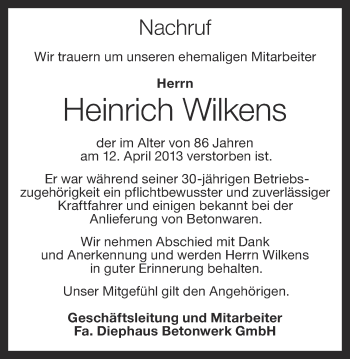 Anzeige von Heinrich Wilkens von OM-Medien