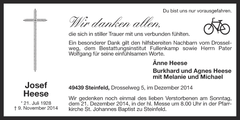  Traueranzeige für Josef  Heese  vom 20.12.2014 aus OM-Medien