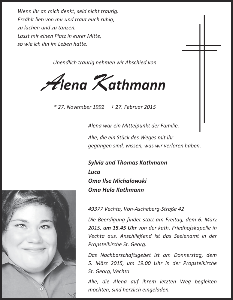  Traueranzeige für Alena Kathmann vom 02.03.2015 aus OM-Medien