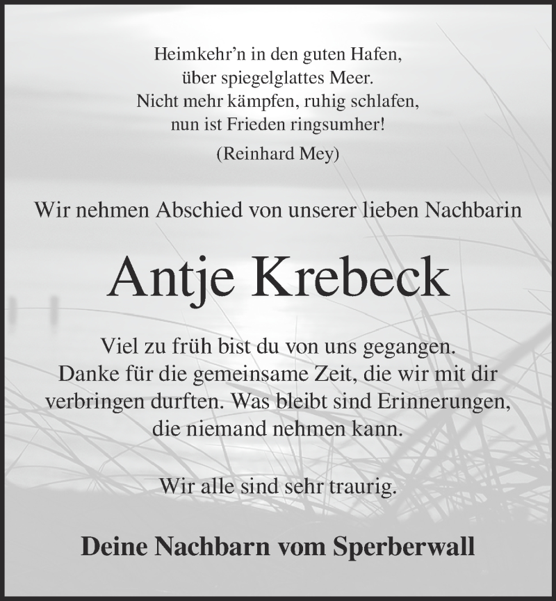  Traueranzeige für Antje Krebeck vom 05.01.2015 aus OM-Medien