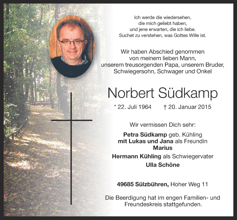  Traueranzeige für Norbert Südkamp vom 26.01.2015 aus OM-Medien