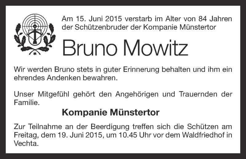  Traueranzeige für Bruno Mowitz vom 19.06.2015 aus OM-Medien
