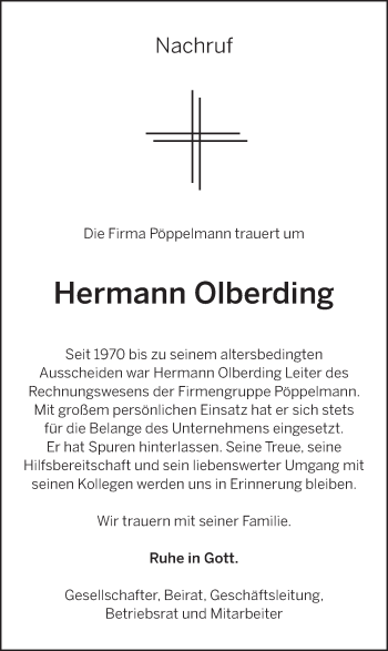 Anzeige von Hermann Olberding von OM-Medien