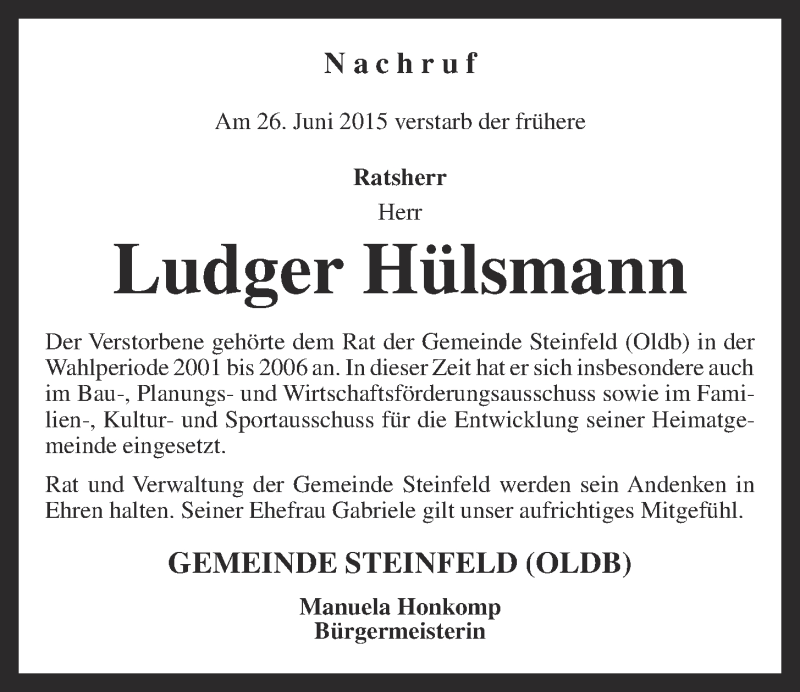  Traueranzeige für Ludger Hülsmann vom 30.06.2015 aus OM-Medien