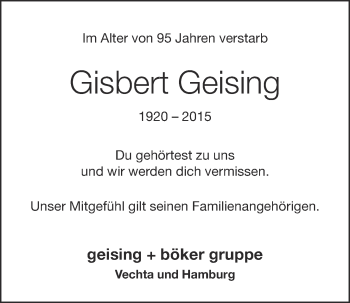 Anzeige von Gisbert Geising von Oldenburgische Volkszeitung
