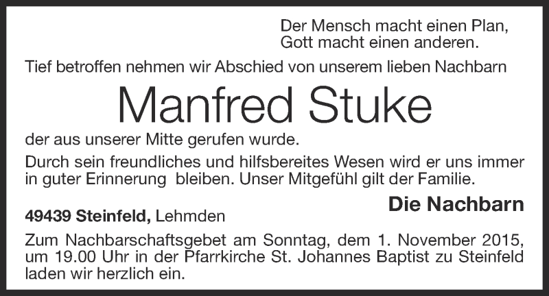  Traueranzeige für Manfred Stuke vom 31.10.2015 aus OM-Medien