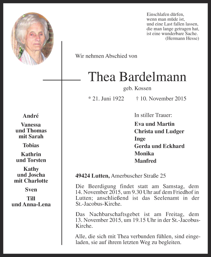  Traueranzeige für Thea Bardelmann vom 12.11.2015 aus OM-Medien