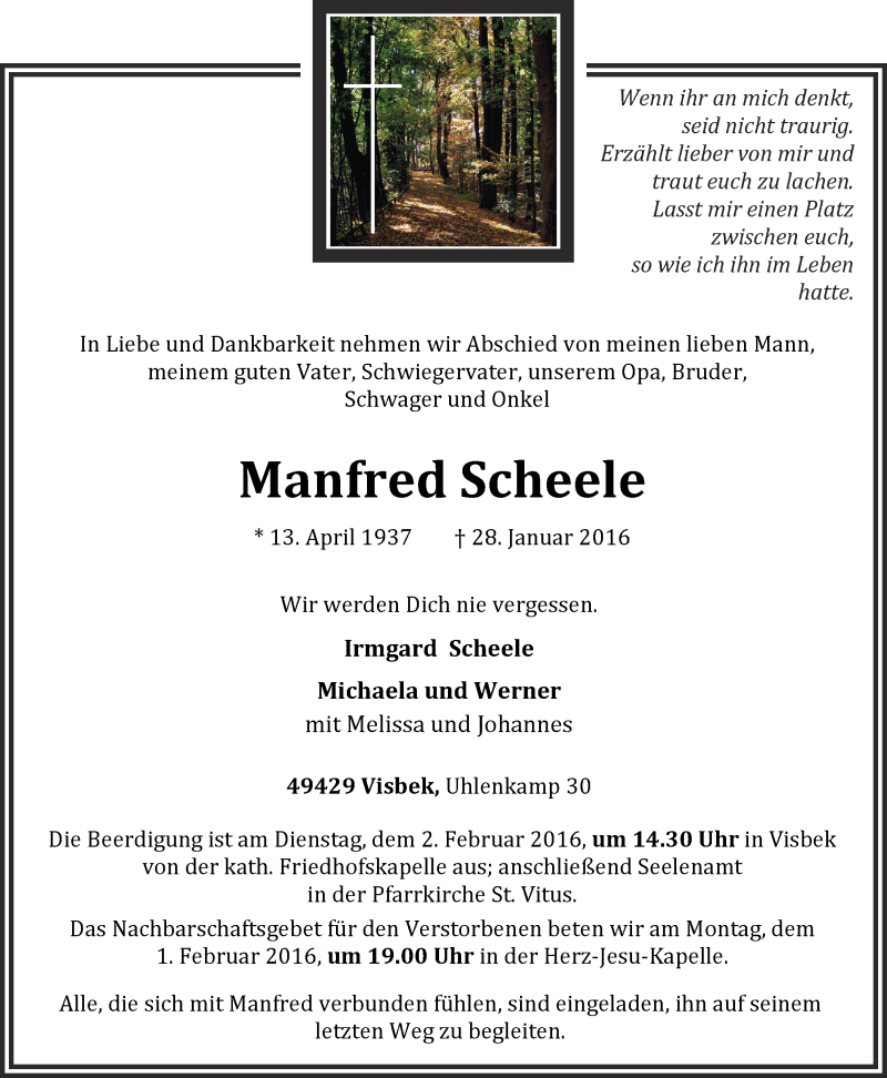  Traueranzeige für Manfred Scheele vom 30.01.2016 aus OM-Medien