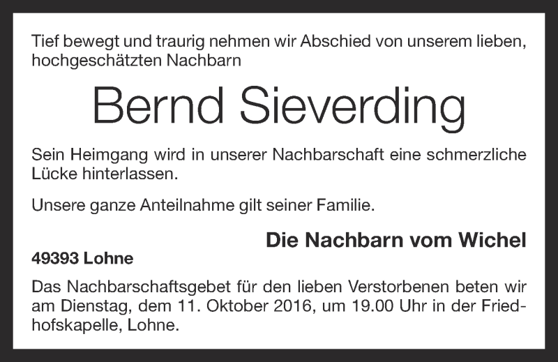  Traueranzeige für Bernd Sieverding vom 10.10.2016 aus OM-Medien