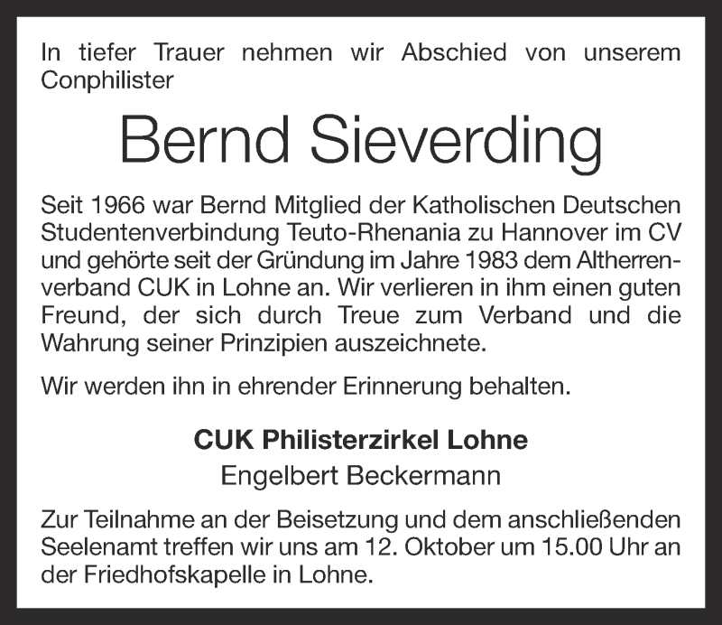  Traueranzeige für Bernd Sieverding vom 10.10.2016 aus OM-Medien