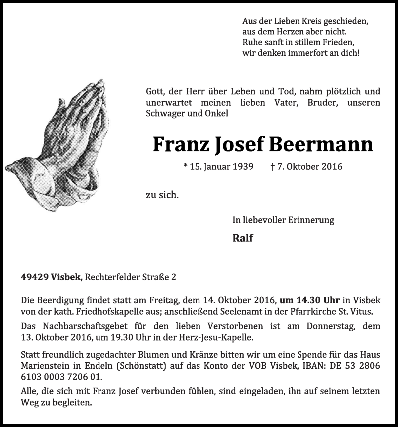  Traueranzeige für Franz Josef Beermann vom 11.10.2016 aus OM-Medien