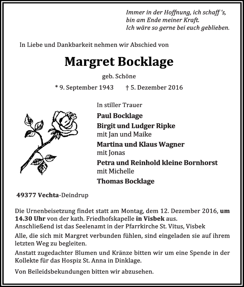  Traueranzeige für Margret Bocklage vom 08.12.2016 aus OM-Medien