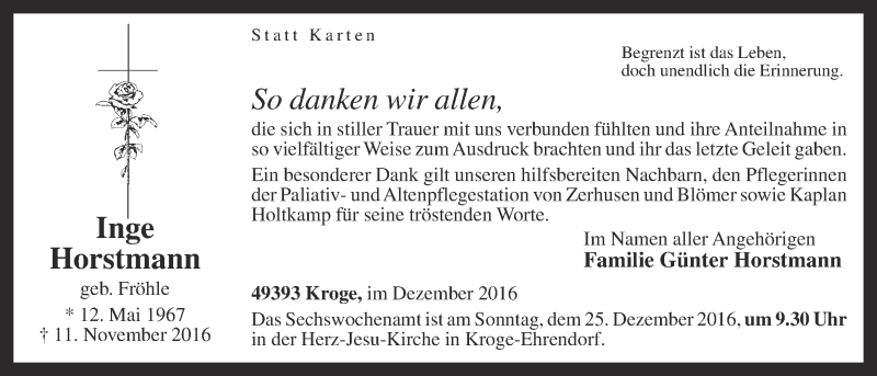  Traueranzeige für Inge Horstmann vom 24.12.2016 aus OM-Medien