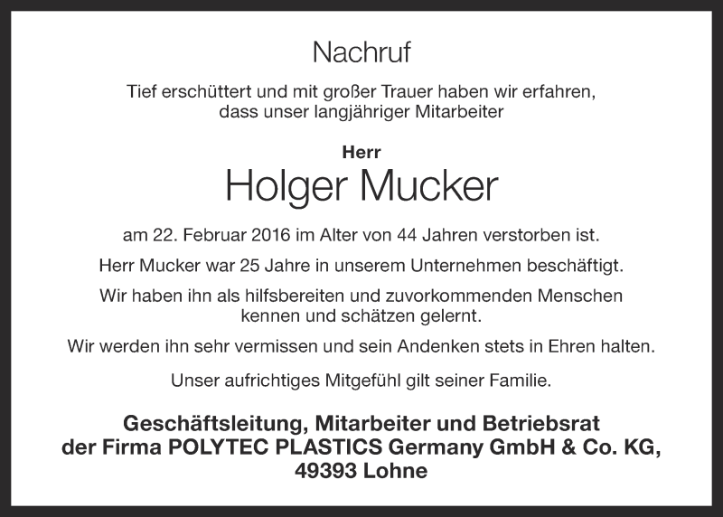  Traueranzeige für Holger Mucker vom 25.02.2016 aus OM-Medien