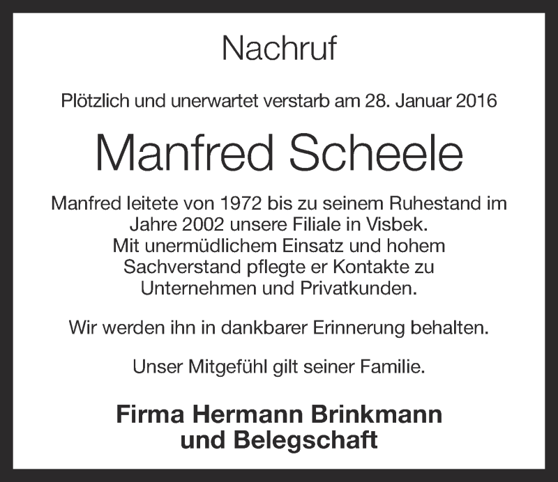  Traueranzeige für Manfred Scheele vom 02.02.2016 aus OM-Medien