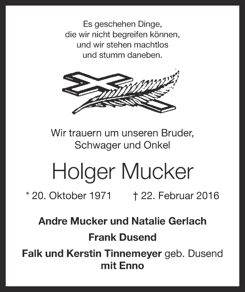  Traueranzeige für Holger Mucker vom 24.02.2016 aus OM-Medien