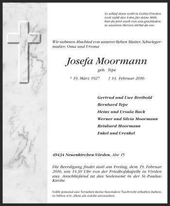 Anzeige von Josefa Moormann von OM-Medien