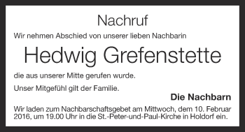 Anzeige von Hedwig Grefenstette von OM-Medien