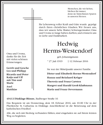 Anzeige von Hedwig Herms-Westendorf von OM-Medien