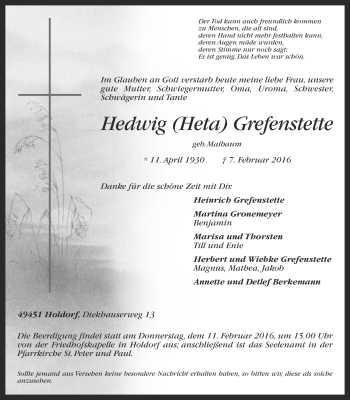 Anzeige von Hedwig Grefenstette von OM-Medien
