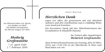 Anzeige von Hedwig Grefenstette von OM-Medien