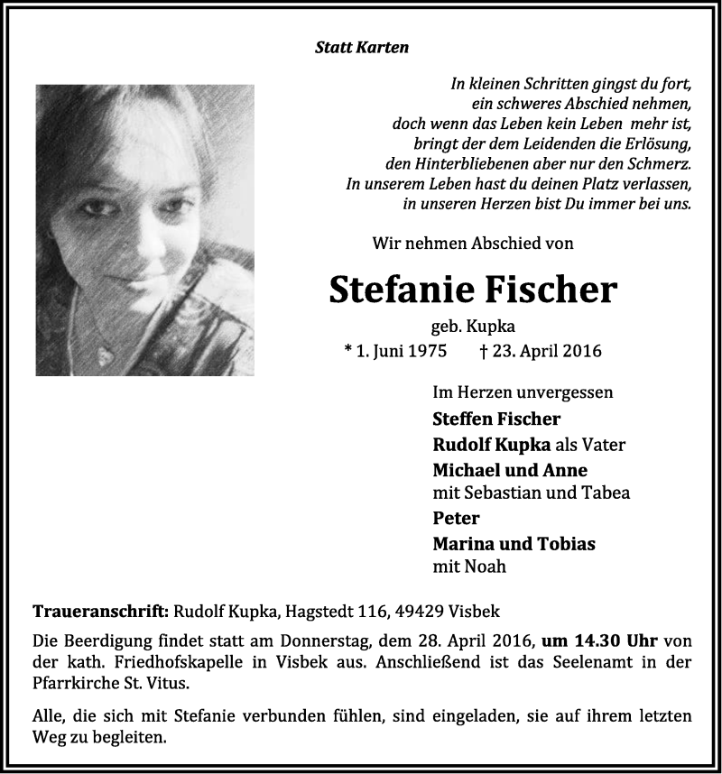  Traueranzeige für Stefanie Fischer vom 25.04.2016 aus OM-Medien