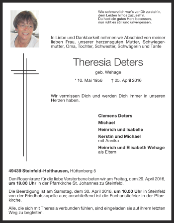 Anzeige von Theresia Deters von OM-Medien