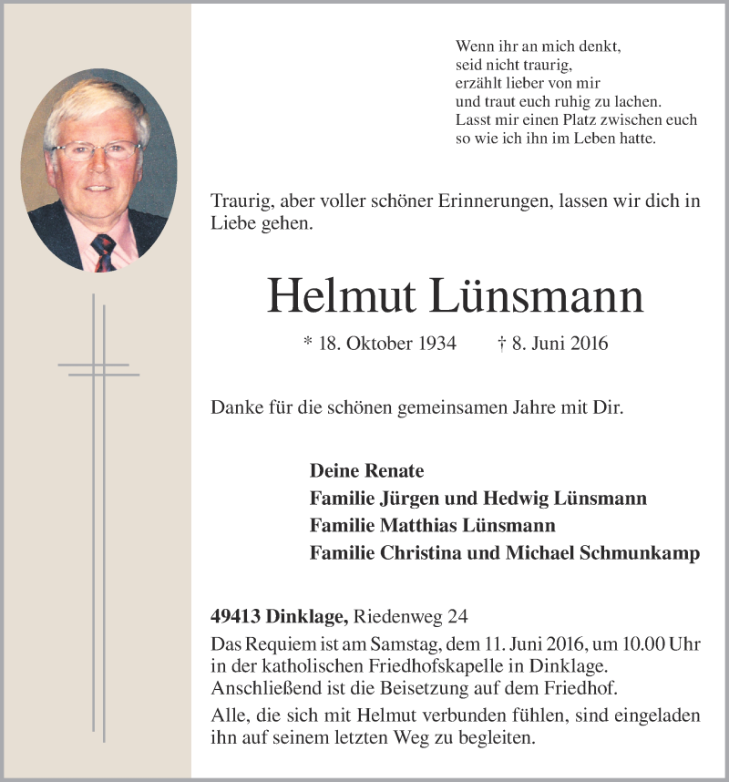  Traueranzeige für Helmut Lünsmann vom 09.06.2016 aus OM-Medien