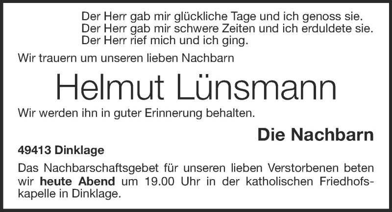  Traueranzeige für Helmut Lünsmann vom 10.06.2016 aus OM-Medien