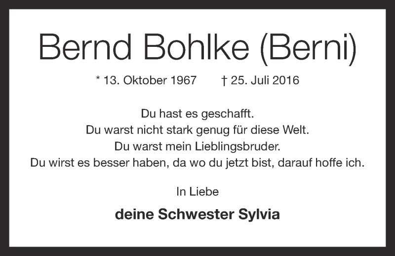  Traueranzeige für Bernd Bohlke vom 27.07.2016 aus OM-Medien