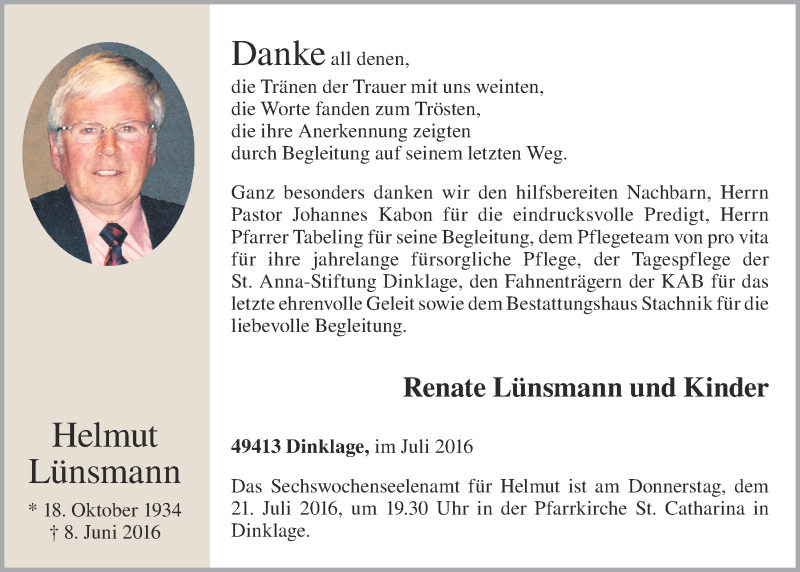  Traueranzeige für Helmut Lünsmann vom 20.07.2016 aus OM-Medien