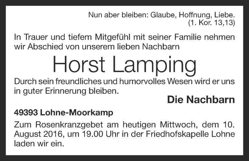  Traueranzeige für Horst Lamping vom 10.08.2016 aus OM-Medien