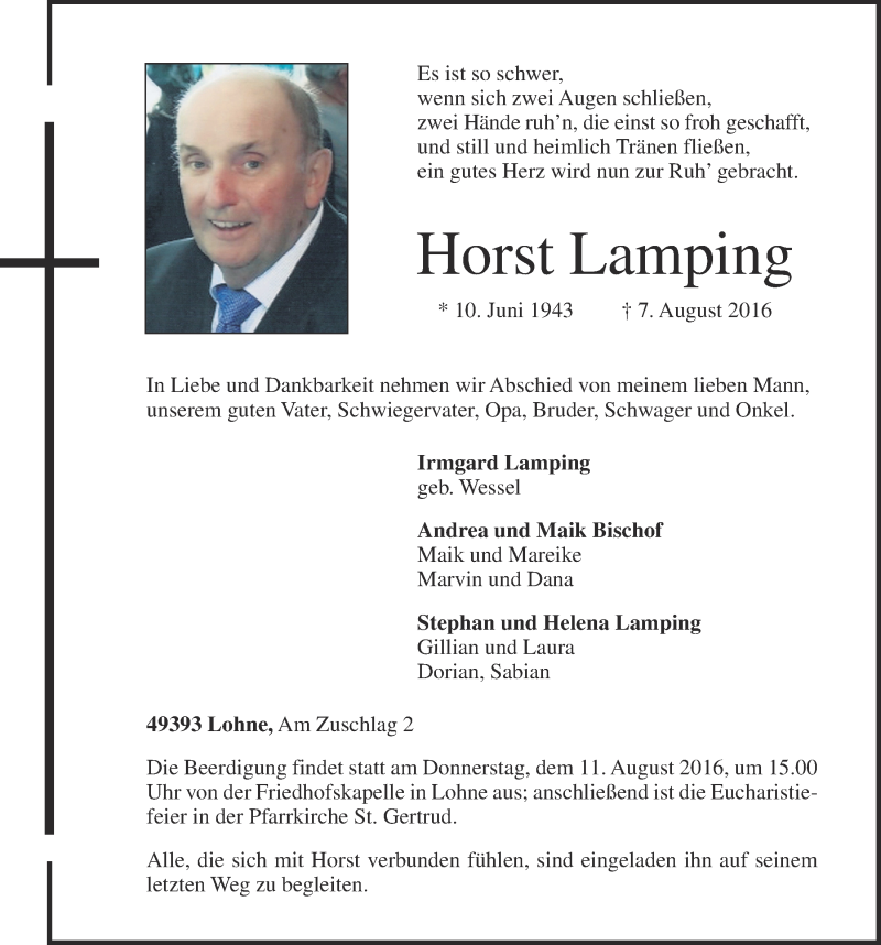  Traueranzeige für Horst Lamping vom 09.08.2016 aus OM-Medien