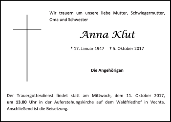 Anzeige von Anna Klut von Oldenburgische Volkszeitung