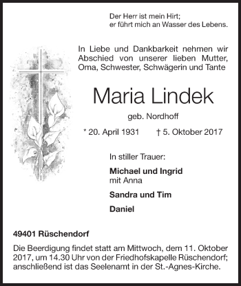 Anzeige von Maria Lindek von Oldenburgische Volkszeitung