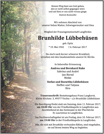 Anzeige von Brunhilde Lübbehüsen von OM-Medien