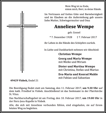 Anzeige von Anneliese Wempel von OM-Medien