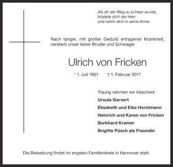 Anzeige von Ulrich  von Fricken von OM-Medien