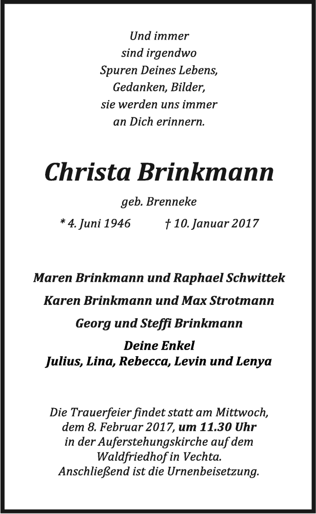  Traueranzeige für Christa Brinkmann vom 03.02.2017 aus OM-Medien