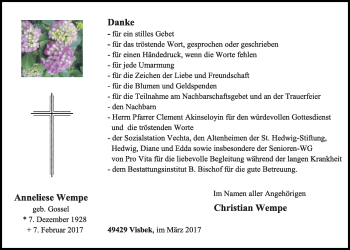Anzeige von Anneliese Wempe von OM-Medien