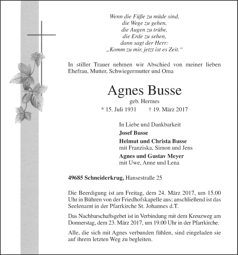  Traueranzeige für Agnes Busse vom 21.03.2017 aus OM-Medien