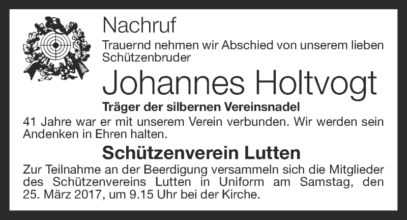  Traueranzeige für Johannes Holtvogt vom 24.03.2017 aus OM-Medien